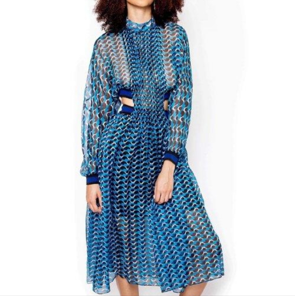 Blue Patterned Long-Sleeve Midi Dress - Picture 2 of 6